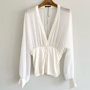 PattyBoutik Cream Sheer V-Neck Top Size Large NWT